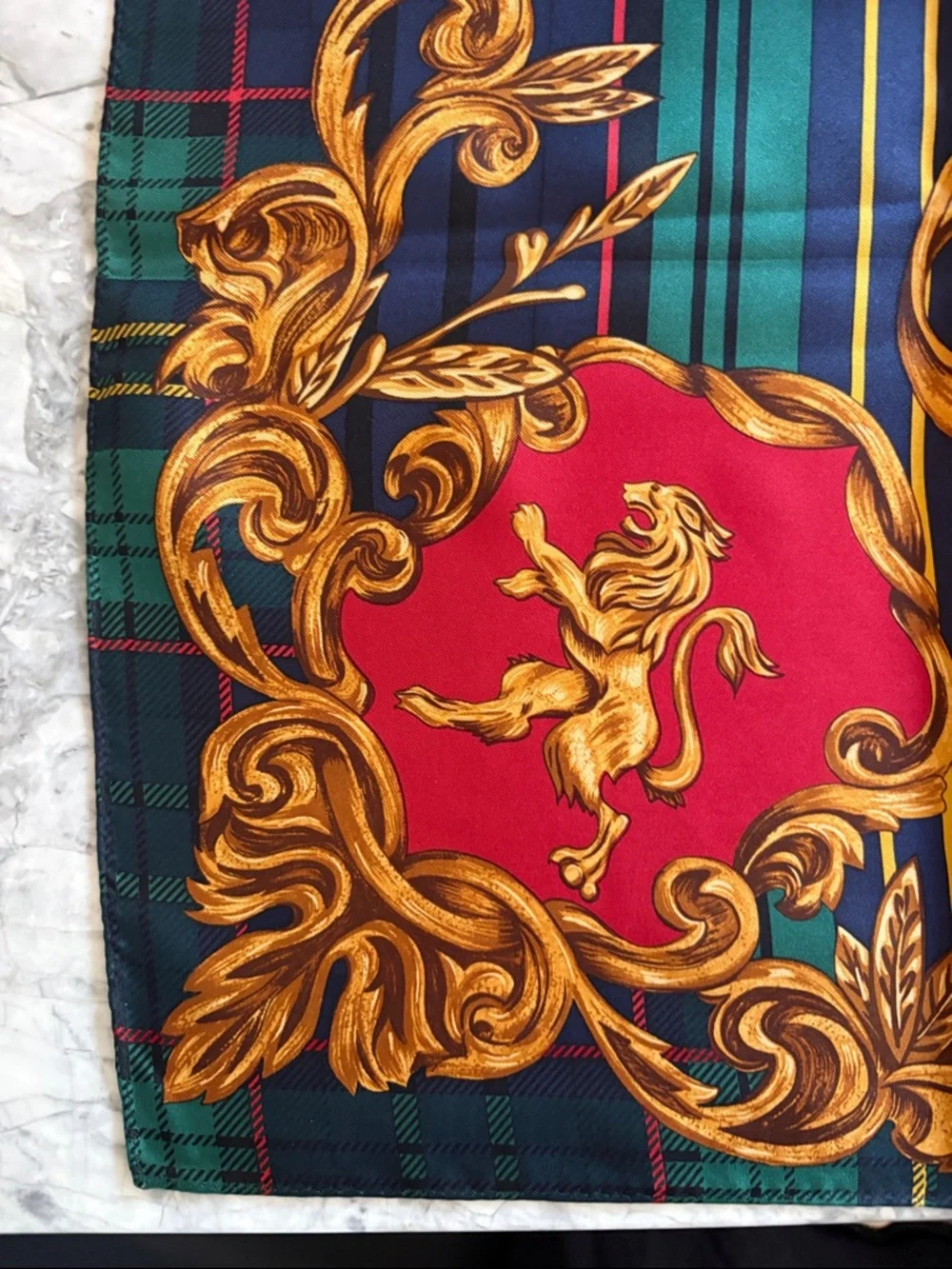 Vintage Ralph Lauren Gold and Red Double Lion Silk Scarf — Gold,NavyRed & Green